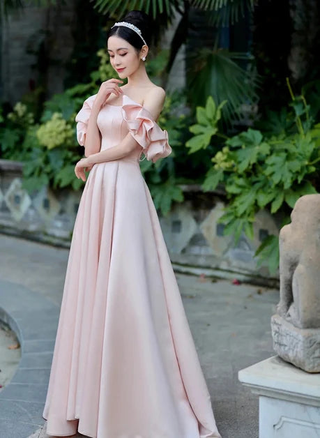 Blushing Pink Satin A-Line Off-the-Shoulder Zipper-Back Floor-Length Dress