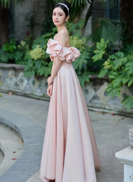 Blushing Pink Satin A-Line Off-the-Shoulder Zipper-Back Floor-Length Dress