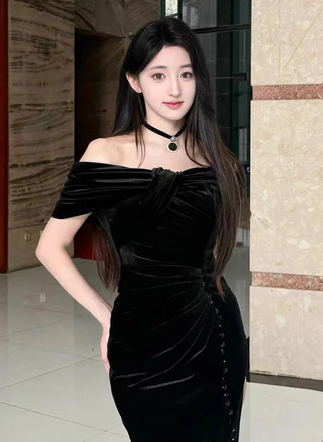 Black Velvet Mermaid Off-the-Shoulder Low Back Floor-Length Dress