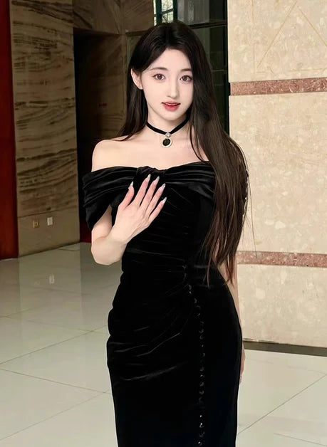 Black Velvet Mermaid Off-the-Shoulder Low Back Floor-Length Dress