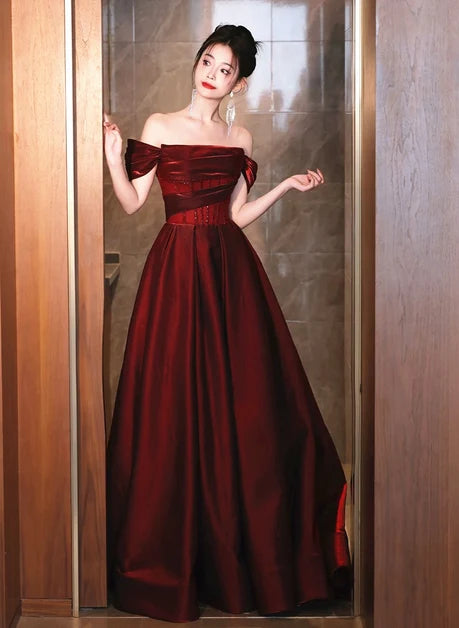 Burgundy Satin A-Line Off-the-Shoulder Lace-up Floor-Length Dress