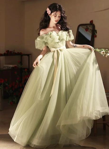 Sage Green Tulle A-Line Off-the-Shoulder Lace-Up Back Floor-Length Dress