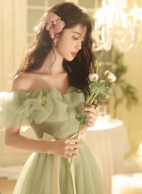 Sage Green Tulle A-Line Off-the-Shoulder Lace-Up Back Floor-Length Dress