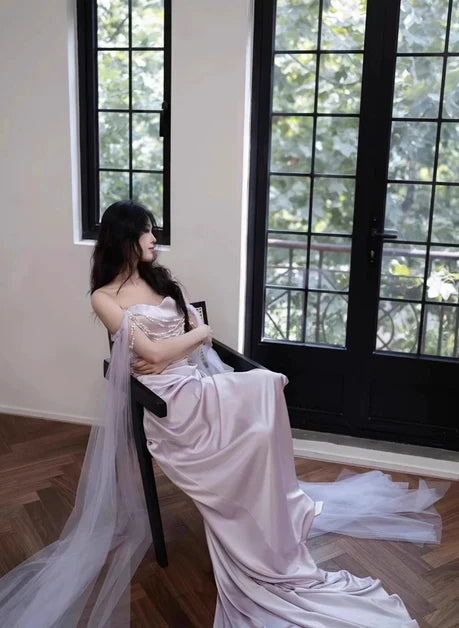 Lilac Satin Tulle Sheath Sweetheart Zipper Back Floor-Length Dress