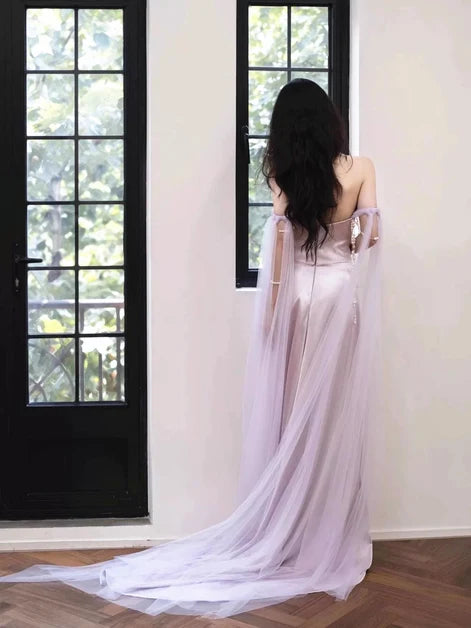 Lilac Satin Tulle Sheath Sweetheart Zipper Back Floor-Length Dress