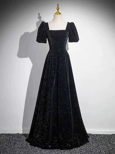 Black Glitter Velvet A-Line Square Neck Lace-Up Back Floor-Length Dress