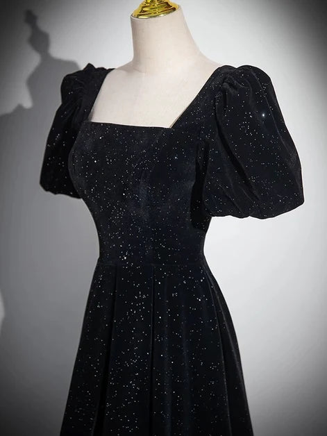 Black Glitter Velvet A-Line Square Neck Lace-Up Back Floor-Length Dress
