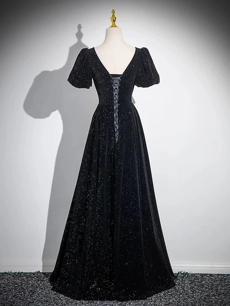 Black Glitter Velvet A-Line Square Neck Lace-Up Back Floor-Length Dress