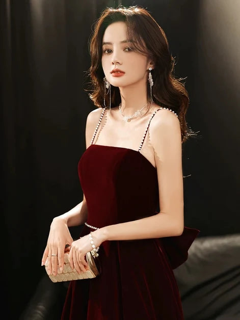 Burgundy Velvet A-Line Straight Across Lace-Up Back Floor-Length Dress