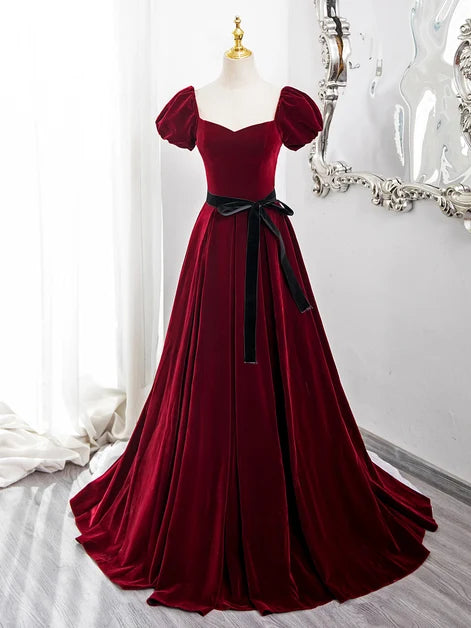 Burgundy Velvet A-Line Sweetheart Lace-Up Back Floor-Length Dress