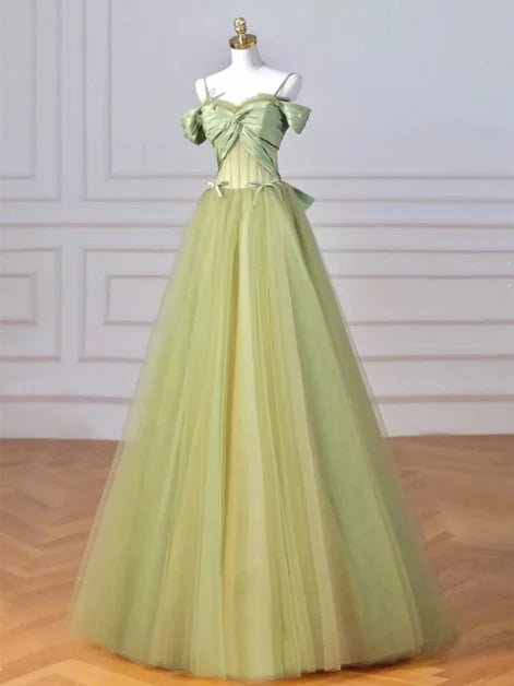 Sage Green Tulle & Satin A-Line Sweetheart Zipper Back Floor-Length Dress