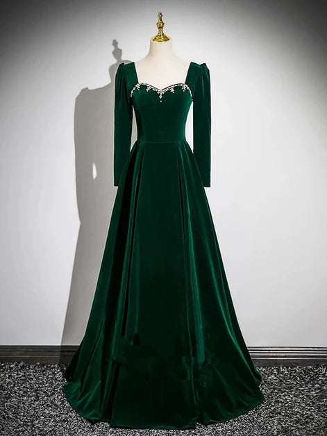 Forest Green Velvet A-Line Square Neck Lace-Up Back Floor-Length Dress