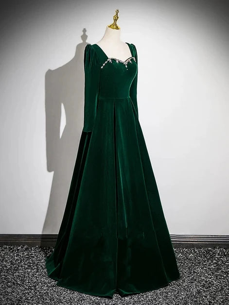 Forest Green Velvet A-Line Square Neck Lace-Up Back Floor-Length Dress