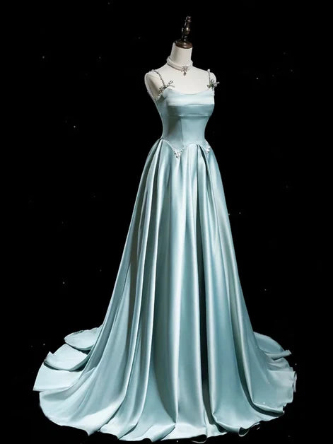 Sky Blue Satin A-Line Scoop Neck Zipper Back Floor Length Dress