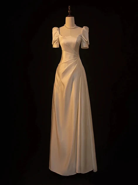 Ivory Satin A-Line Square Neck Lace-Up Back Floor-Length Dress