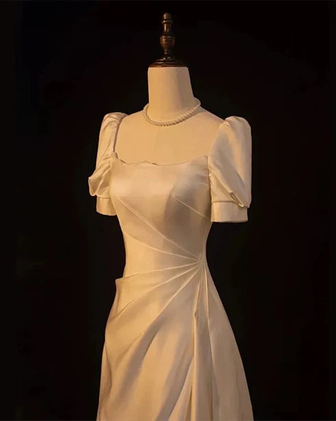 Ivory Satin A-Line Square Neck Lace-Up Back Floor-Length Dress
