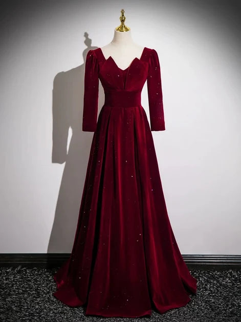 Burgundy Glitter Velvet A-Line Sweetheart Lace-Up Back Floor-Length Dress