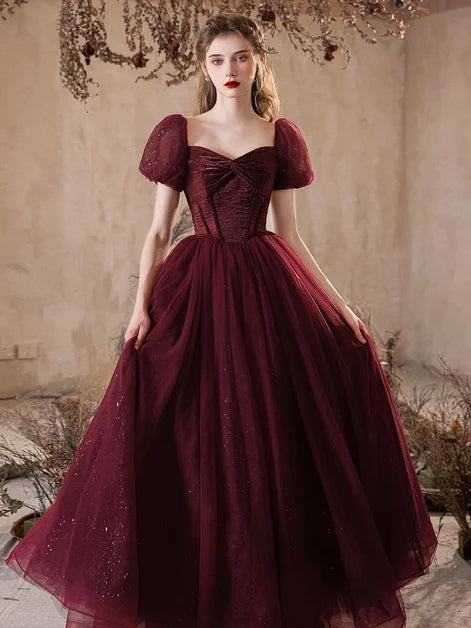 Burgundy Glitter Tulle A-Line Sweetheart Lace-Up Back Floor-Length Dress