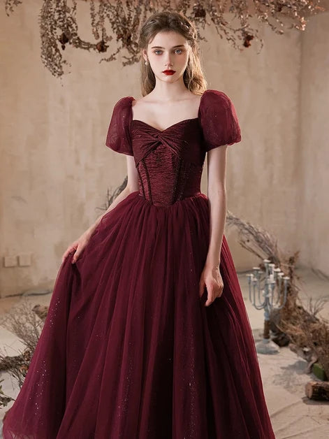 Burgundy Glitter Tulle A-Line Sweetheart Lace-Up Back Floor-Length Dress