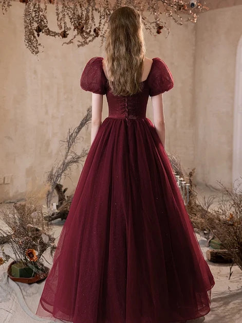 Burgundy Glitter Tulle A-Line Sweetheart Lace-Up Back Floor-Length Dress