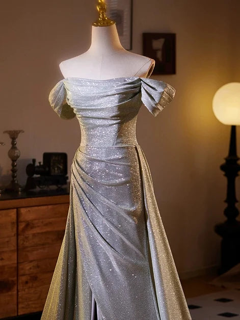 Silver Glitter Fabric A-Line Off-the-Shoulder Lace-Up Back Floor-Length Dress