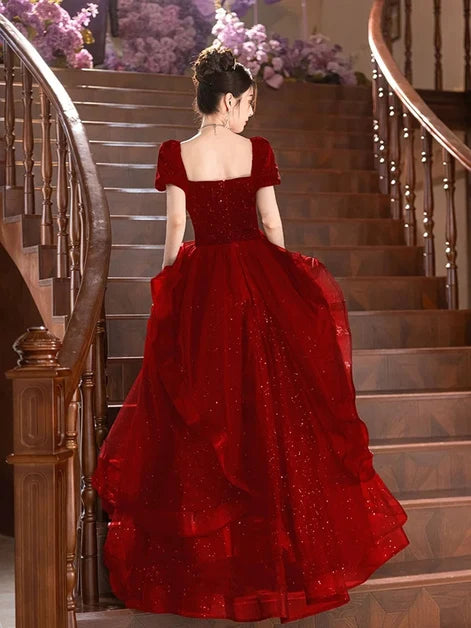 Burgundy Glitter Tulle & Velvet A-Line Sweetheart Zipper-Back Floor-Length Dress