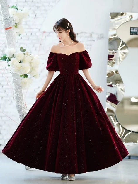 Burgundy Glitter Velvet A-Line Sweetheart Lace-Up Back Floor-Length Dress