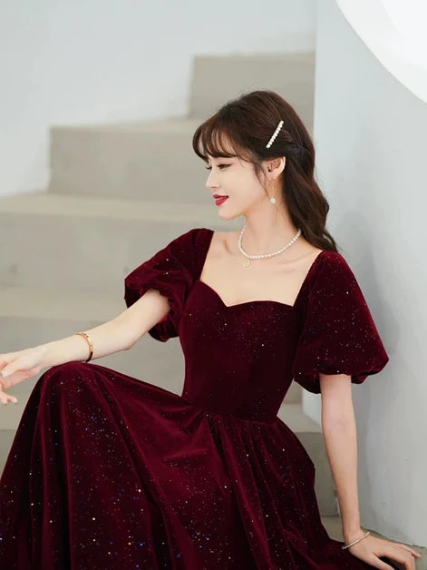 Burgundy Glitter Velvet A-Line Sweetheart Lace-Up Back Floor-Length Dress