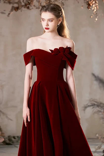Burgundy Velvet A-Line Off-the-Shoulder Lace-up Back Floor-Length Dress