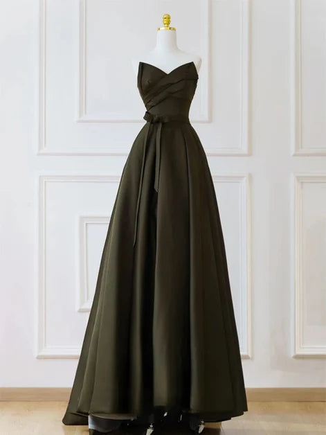 Olive Green Satin A-Line Sweetheart Lace-up Floor-Length Dress