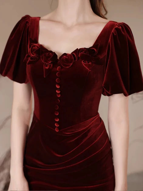 Burgundy Velvet Mermaid Sweetheart Lace-Up Back Floor-Length Dress