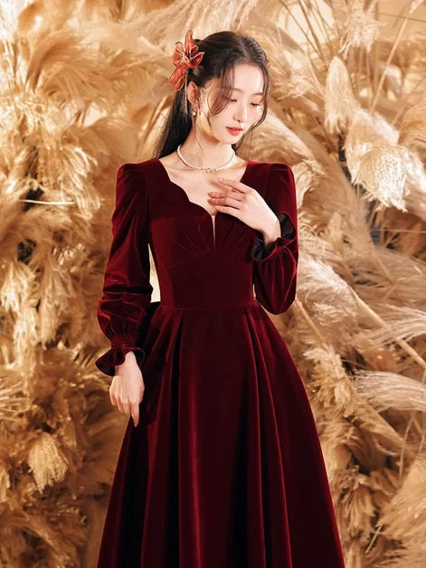 Burgundy Velvet A-Line Sweetheart V-Back Ankle-Length Dress