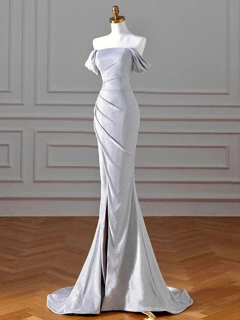 Silver Glitter Fabric Mermaid Off-the-Shoulder Lace-Up Back Floor-Length Dress