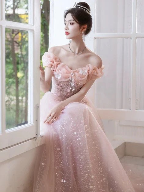 Blushing Pink Glitter Tulle A-Line Off-the-Shoulder Floor-Length Dress