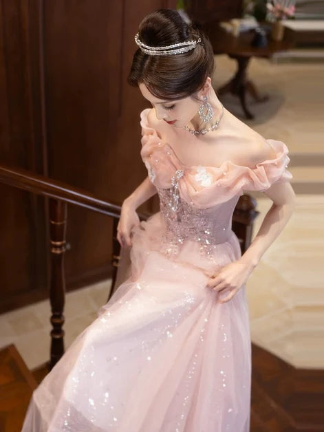 Blushing Pink Glitter Tulle A-Line Off-the-Shoulder Floor-Length Dress