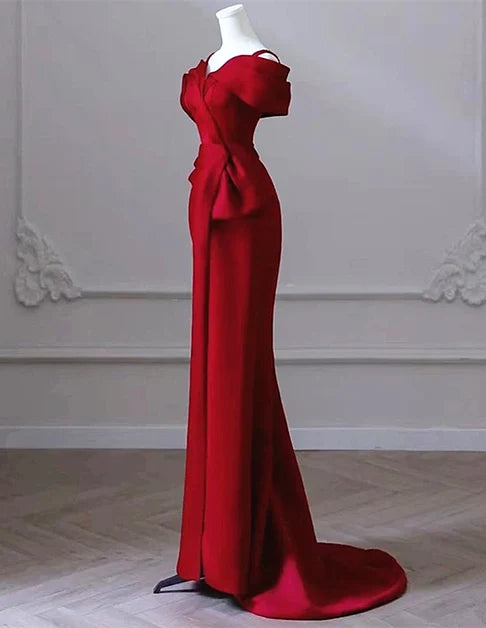 Burgundy Satin Mermaid Off-the-Shoulder Lace-Up Back Floor-Length Dress