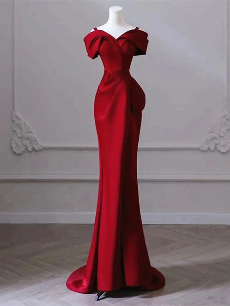 Burgundy Satin Mermaid Off-the-Shoulder Lace-Up Back Floor-Length Dress