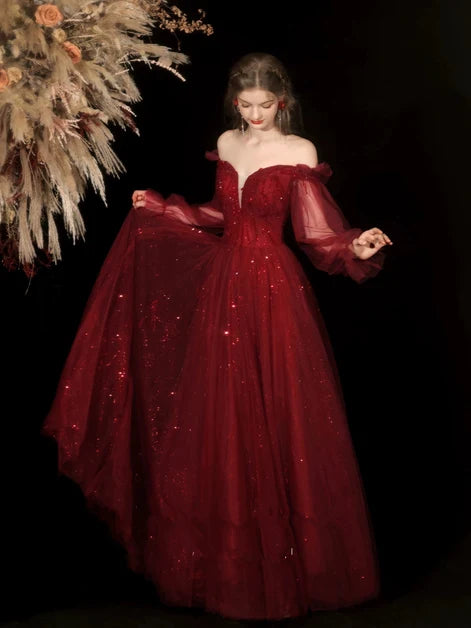 Burgundy Glitter Tulle & Sequins A-Line Off-the-Shoulder Floor-Length Dress