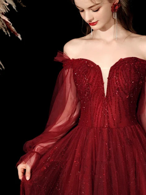 Burgundy Glitter Tulle & Sequins A-Line Off-the-Shoulder Floor-Length Dress