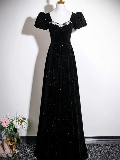 Black Glitter Velvet A-Line Sweetheart Lace-Up Back Floor-Length Dress