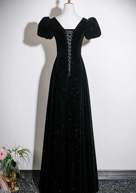 Black Glitter Velvet A-Line Sweetheart Lace-Up Back Floor-Length Dress