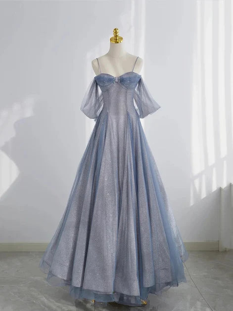 Dusty Blue Glitter Fabric A-Line Sweetheart Zipper Back Floor-Length Dress