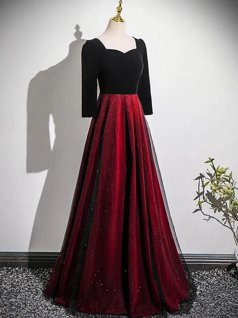 Burgundy Velvet and Glitter Tulle A-Line Sweetheart Floor-Length Dress