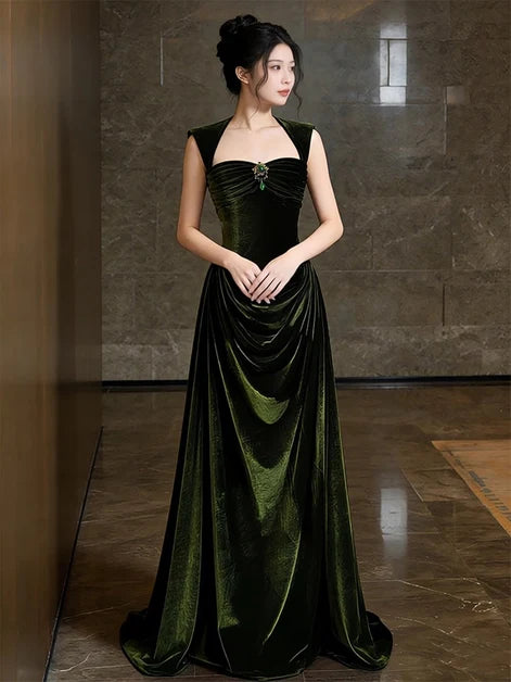Olive Green Velvet A-Line Sweetheart Zipper Back Floor-Length Dress
