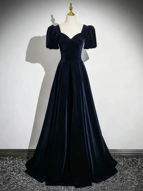 Dark Navy Velvet A-Line Sweetheart Lace-Up Back Floor-Length Dress