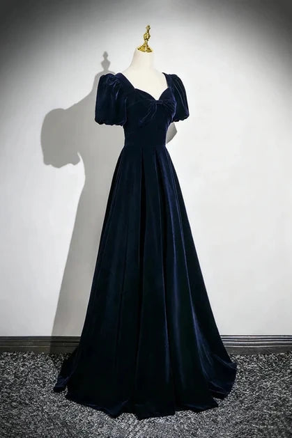Dark Navy Velvet A-Line Sweetheart Lace-Up Back Floor-Length Dress