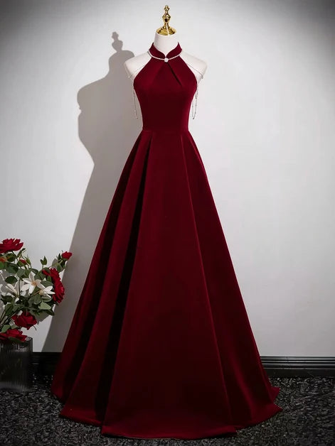 Burgundy Velvet A-Line Halter Zipper Back Floor-Length Dress