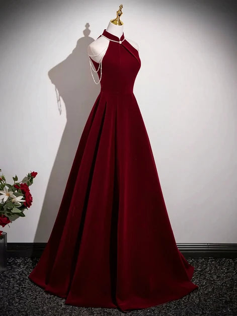Burgundy Velvet A-Line Halter Zipper Back Floor-Length Dress