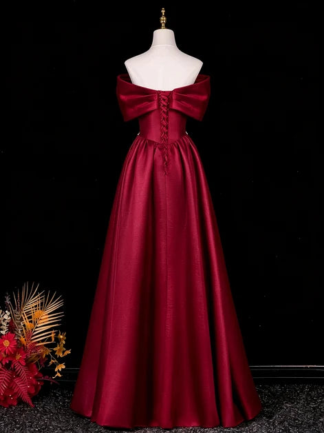 Burgundy Satin A-Line Off-the-Shoulder Lace-Up Back Floor-Length Dress