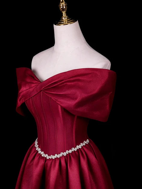 Burgundy Satin A-Line Off-the-Shoulder Lace-Up Back Floor-Length Dress